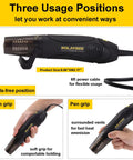 Mini Heat Gun 450W Dual Temperature 527 to 842 Degrees Fahrenheit for Wrapping, Embossing, DIY Crafts; three usage positions shown.
