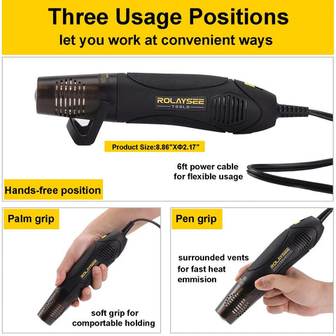 Mini Heat Gun 450W Dual Temperature 527 to 842 Degrees Fahrenheit for Wrapping, Embossing, DIY Crafts; three usage positions shown.