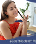 Woman smiling while using a Three Piece Telescoping Inspection Mirrors Set, Pro Grade Stainless Steel Extendable Mechanic Mirrors With Long Handles For Techs, Mechanics, Contractors, Blue.
