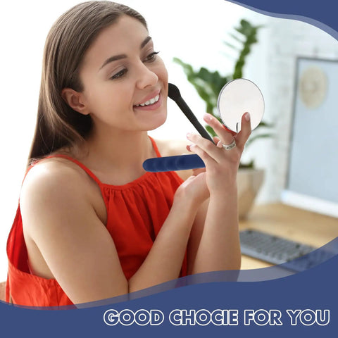 Woman smiling while using a Three Piece Telescoping Inspection Mirrors Set, Pro Grade Stainless Steel Extendable Mechanic Mirrors With Long Handles For Techs, Mechanics, Contractors, Blue.
