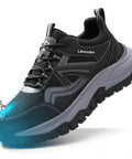 Steel Toe Work Shoes For Men With Kevlar Midsole All Day Comfort Lightweight Puncture Resistant Safety Shoes For Warehouse Factory And Logistics Pro Style Built To Last in black and grey design showing steel toe feature.