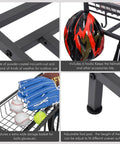 Collage showcasing features of a three bike stand rack for garage storage and indoor outdoor use, adjustable slots, helmet hooks, storage basket.