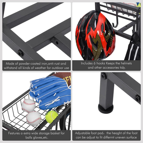Collage showcasing features of a three bike stand rack for garage storage and indoor outdoor use, adjustable slots, helmet hooks, storage basket.