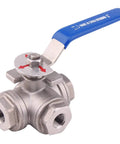 Go-To 3-Way Ball Valve With T Mounting Pad, Stainless Steel 304 Female 1/4 Inch NPT Ports, blue vinyl handle, shown in front view.
