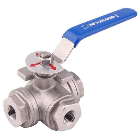 Go-To 3-Way Ball Valve With T Mounting Pad, Stainless Steel 304 Female 1/4 Inch NPT Ports, blue vinyl handle, shown in front view.