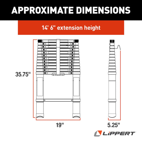 On The Go Portable Telescoping RV Ladder 14.5 Ft For Easy Roof Access, Quick Extend, And Deep Stow To 35.75 In, Heavy Duty 330 Lb Capacity, Stable And Safe Climbing For Your RV, Fits Lippert Ladder Receiver, dimension diagram