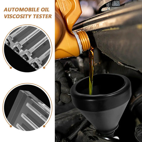 Oil Viscosity Tester For Cars With Acrylic Comparator 4 Port Stand Engine And Transmission Oil Test Tool For Auto Maintenance Precise Oil Quality Check For DIYers And Shops. Transparent acrylic 4-port stand pouring oil into funnel.