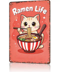 Funny Cat Eating Ramen Metal Sign Vintage Tin Wall Art 8x12 Inch Poster For Home Office Garage Decor Rustic Studio Charm Perfect Gift For Cat Lovers Easy Mount For Quick Installation