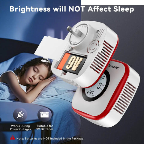 Five In One CO And Gas Leak Detector With Plug In, battery compartment open, next to a sleeping child in dim lighting