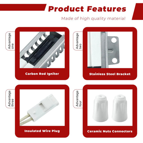 Product features for Plug And Play Gas Range Oven Igniter Replacement for Common Gas Ovens Easy Install With High Quality Ceramic And Stainless Steel Cover Includes Ceramic Nuts Fits WFG320 WFG505 Series Replaces W11590294 W11506321 W11613927 4977065 AP7193166 PS16744629