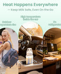 Grab And Go Breast Milk Cooler Bag For Pumping Moms Keeping Fresh Milk At Forty Three Degrees In One Hour Leakproof Design shown in car and at home.