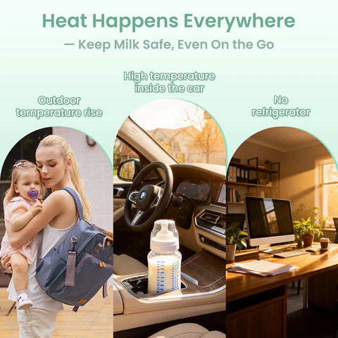 Grab And Go Breast Milk Cooler Bag For Pumping Moms Keeping Fresh Milk At Forty Three Degrees In One Hour Leakproof Design shown in car and at home.