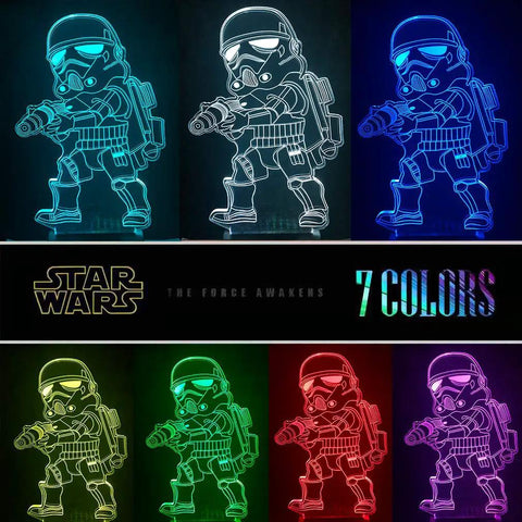 Totally Rad 3D Illusion Star Wars Night Light for Kids With 16 Color Change LEDs showing Stormtrooper in 7 different colors.