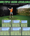 Multiple sizes of Gray Fireproof Golf Simulator Impact Screen With 3D Air Mesh are shown with golfer practicing indoors.
