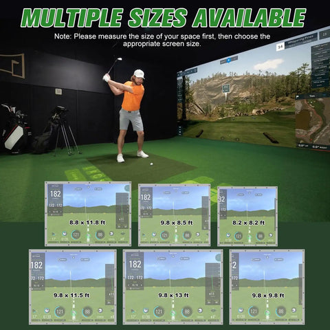Multiple sizes of Gray Fireproof Golf Simulator Impact Screen With 3D Air Mesh are shown with golfer practicing indoors.