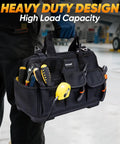Person holding Heavy Duty Tool Bag Packed With Multiple Pockets And Portable Organizer For Tools, Black 16 Inch Molded Base.