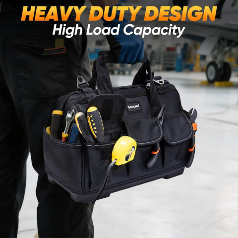 Person holding Heavy Duty Tool Bag Packed With Multiple Pockets And Portable Organizer For Tools, Black 16 Inch Molded Base.