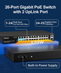 Front view of 26-Port Gigabit PoE Switch with 24 PoE Ports and 2 Uplink Ports, unmanaged Ethernet switch with 320W power, rack mountable.