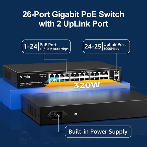 Front view of 26-Port Gigabit PoE Switch with 24 PoE Ports and 2 Uplink Ports, unmanaged Ethernet switch with 320W power, rack mountable.