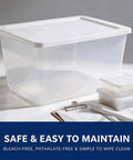 Kick Closet Clutter To The Curb With This Dang Sturdy 58 Quart Medium Clear Plastic Storage Bin featuring a secure snap-on lid.