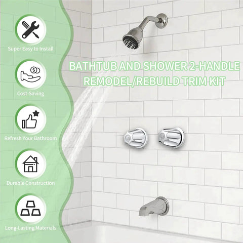 Two Piece Bathtub Shower Knob Replacement Kit For Verve Faucets Chrome Finish installed on white tiled bathroom wall.