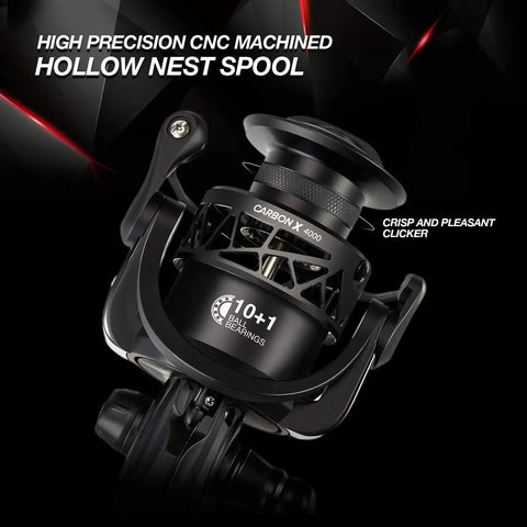 Carbon X Spinning Fishing Reel Ultra Light Carbon Fiber Body And Rotor Six Point Two To One High Speed Gear Ten Plus One Shielded Bearings Smooth Power For Freshwater And Saltwater Fishing 3000 Series with hollow nest spool