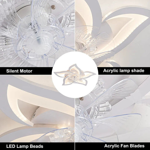 Low Profile Ceiling Fan With Light Remote Control, 6 Speeds, 3 Color Modes, close-up of acrylic blades and lamp shade.