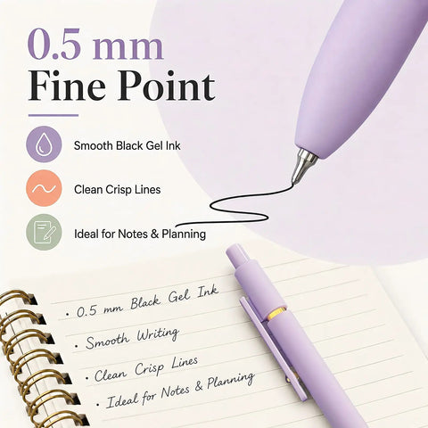 7 Pack Gel Pens 0.5mm Quick Dry Black Ink For Smooth Writing Retractable Ballpoint Pens, purple pen on notebook