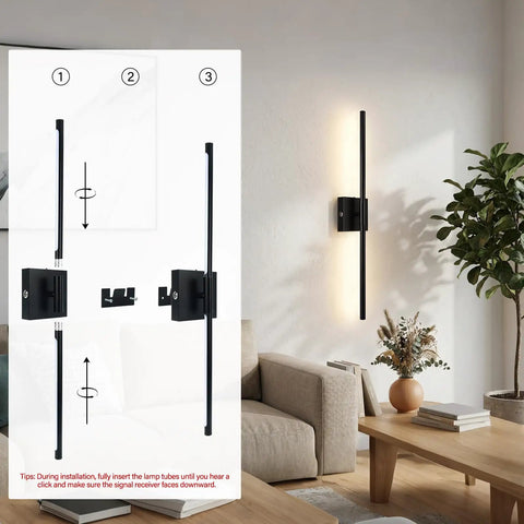 ARCWEISSO Black Battery Operated Wall Sconce with Remote Control 10000mAh installation guide image on living room wall.