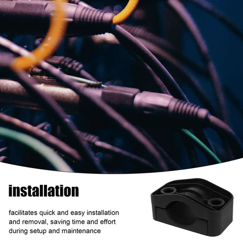 Heavy Duty Black Plastic Cable Clamps Plug And Play Wire Fasteners For Electrical Panels And Power Cords No Fuss Slick Mounting close-up with wires.