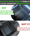 Diagram showing fit of Center Console Organizer Insert for 2024 2025 2026 Ford F150 and F150 Lightning with armrest bulge
