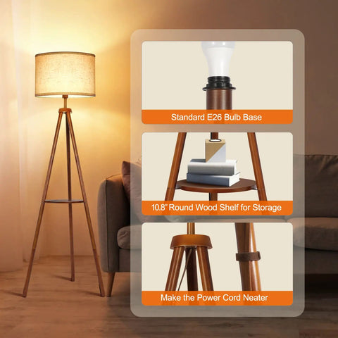 Wood Tripod Floor Lamp With Shelves, Dimmable LED Modern Floor Lamp With Remote Memory Function, 4 Color Temperatures, Beige Linen Shade
