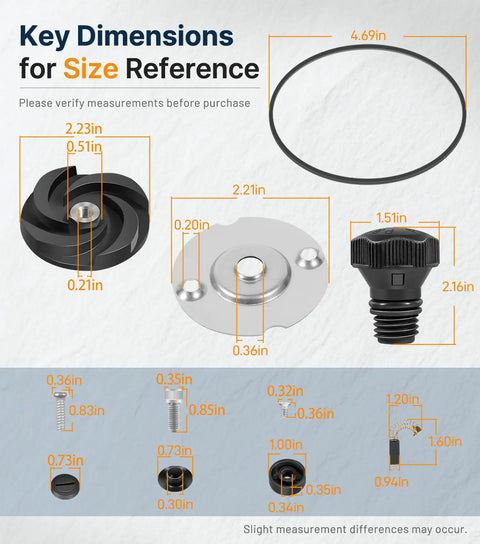 Dimensions of 331 Pump Rebuild Kit components including impeller, primer plug, gasket, seal plate, for Straight Centrifugal Pumps.