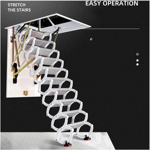 Top Shelf Electric Telescopic Attic Stairs Pull Down Ladder Built With Knockout Carbon Steel For Smooth Ceiling Loft Access Featuring Seamless Retractable Storage And Easy As Pie Install At 70 By 120 Cm Size, showing the ladder in action.
