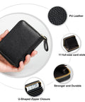 Hand holding RFID Blocking Credit Card Holder Wallet, slim leather card case with zippered accordion design, black color.