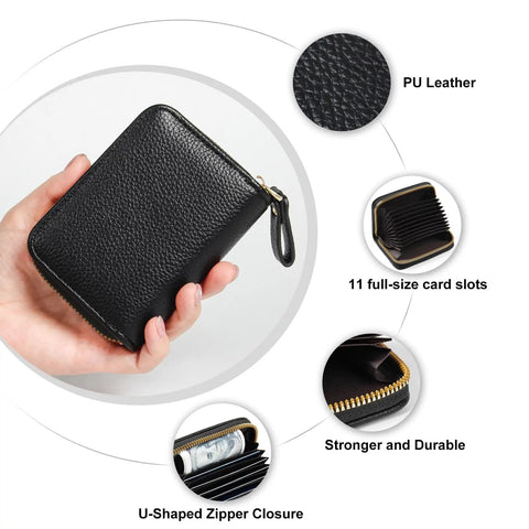 Hand holding RFID Blocking Credit Card Holder Wallet, slim leather card case with zippered accordion design, black color.