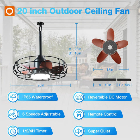 Infographic of 20 Inch Outdoor Ceiling Fan With Light For Patio IP65 Waterproof Plug In Caged Hanging Fan With Remote features.