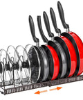 Level Up Your Kitchen Setup With This Expandable Under Cabinet Pot And Pan Lid Organizer Rack Crafted From Solid Iron With Soft Rubber Tips For Scratch Free Countertop Storage That Absolutely Flips The Script On Clutter, showcasing sauté pans and lids organized on a bronze rack.