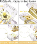 Gold Desk Organizer Set With 360 Degree Rotating Pen Holder showcasing acrylic stapler functions with press and rotate features.