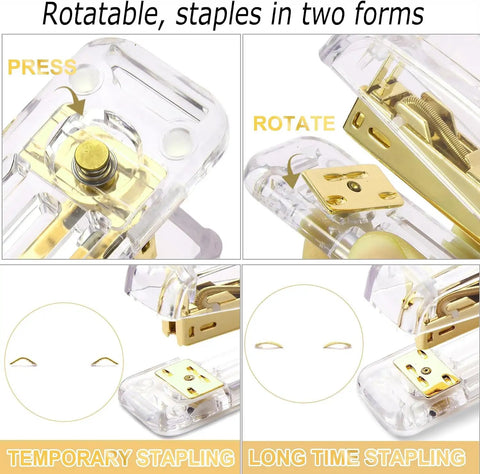 Gold Desk Organizer Set With 360 Degree Rotating Pen Holder showcasing acrylic stapler functions with press and rotate features.