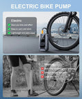 Electric Bike Pump displayed next to a bicycle with digital gauge for precise inflation, illustrating compact design and use.