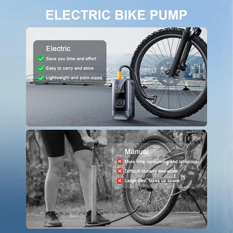 No Sweat Portable 150 Psi Tire Inflator With Digital Gauge LED Work Light Auto Shut Off Compact Air Compressor For Lucid Gravity 2025 2026 Car Motorcycle Bikes Balls Six Preset Settings On The Road with electric bike pump shown.