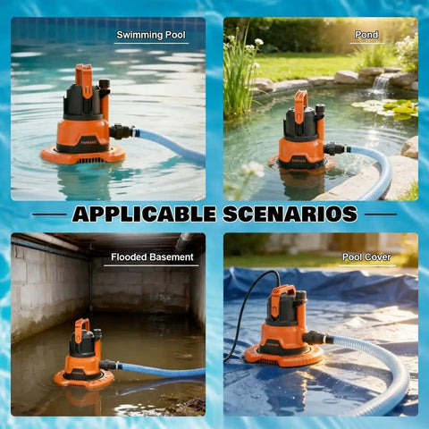 Collage of Upgraded Go-To Pool Cover Pump With Dual Outlets 1HP Submersible Sump Pump 3500GPH in pool, pond, basement, and on a cover.
