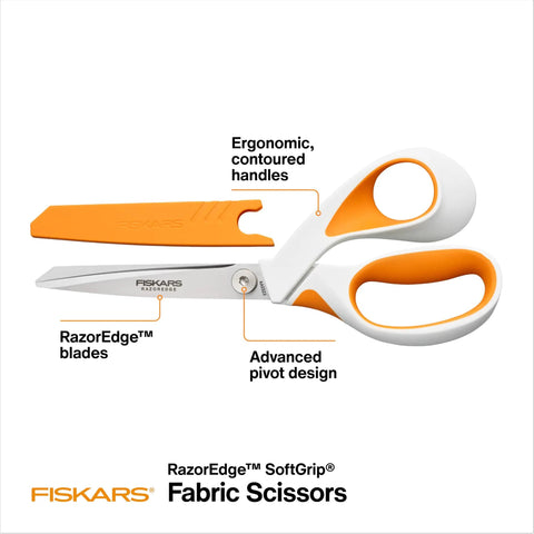 8 Inch RazorEdge Fabric Scissors For Beefy Heavy Duty Cutting, Ultra Sharp Fabric Shears With Smooth Cutting Action And Ergonomic Comfort For All Your Sewing Projects. Ergonomic contoured handles and protective sheath