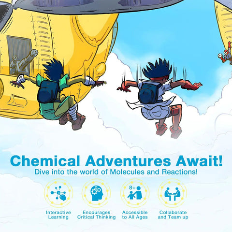 Illustration of kids diving from a blimp, promoting "Periodic Table Card Game For Kids 8 To 12 That Totally Makes Chemistry Fun And Easy."
