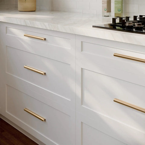 Champagne Bronze Go-To Cabinet Drawer Pulls 5 Pack For Kitchen Cabinets And Dressers Modern Aluminum Handles on white drawers