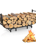 Curved Firewood Rack, 48-Inch Heavy Duty Log Holder For Indoor And Outdoor Use, stacked firewood on metal wood rack organizer.
