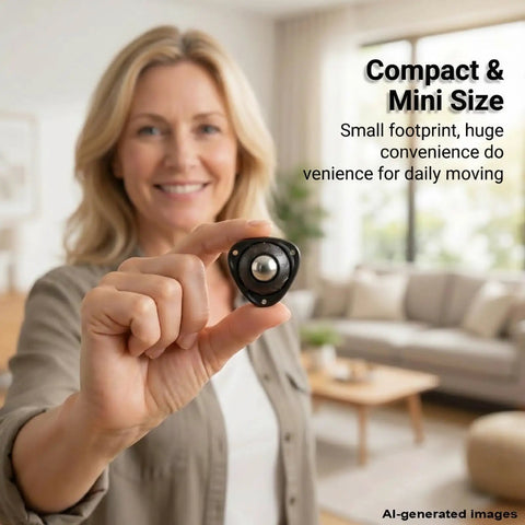 Woman holding a Black Self Adhesive Caster Wheel, showing compact design for easy furniture moving.