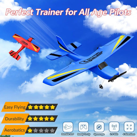 Beginner Friendly Ready To Fly RC Airplane With Self Stabilization For Kids And New Pilots in red and blue models flying in sky