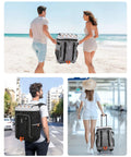 People outdoors using the Rolling Cooler Backpack For 50 Cans With Dual Deck And Dual Bar Handles Soft Travel Cooler Bag With Wheels 30L Black